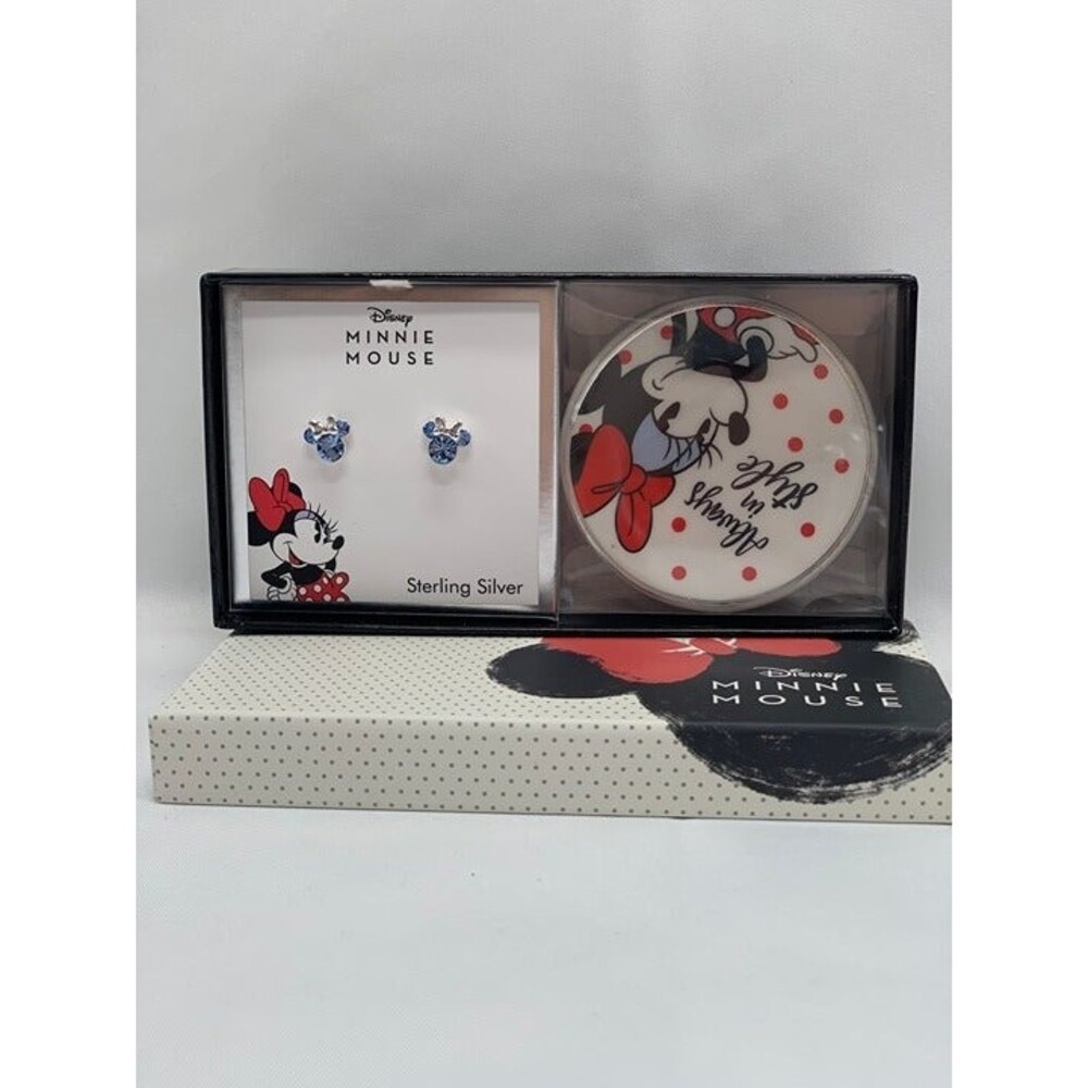 Minnie Mouse blue crystal stud in sterling silver earrings and trinket dish